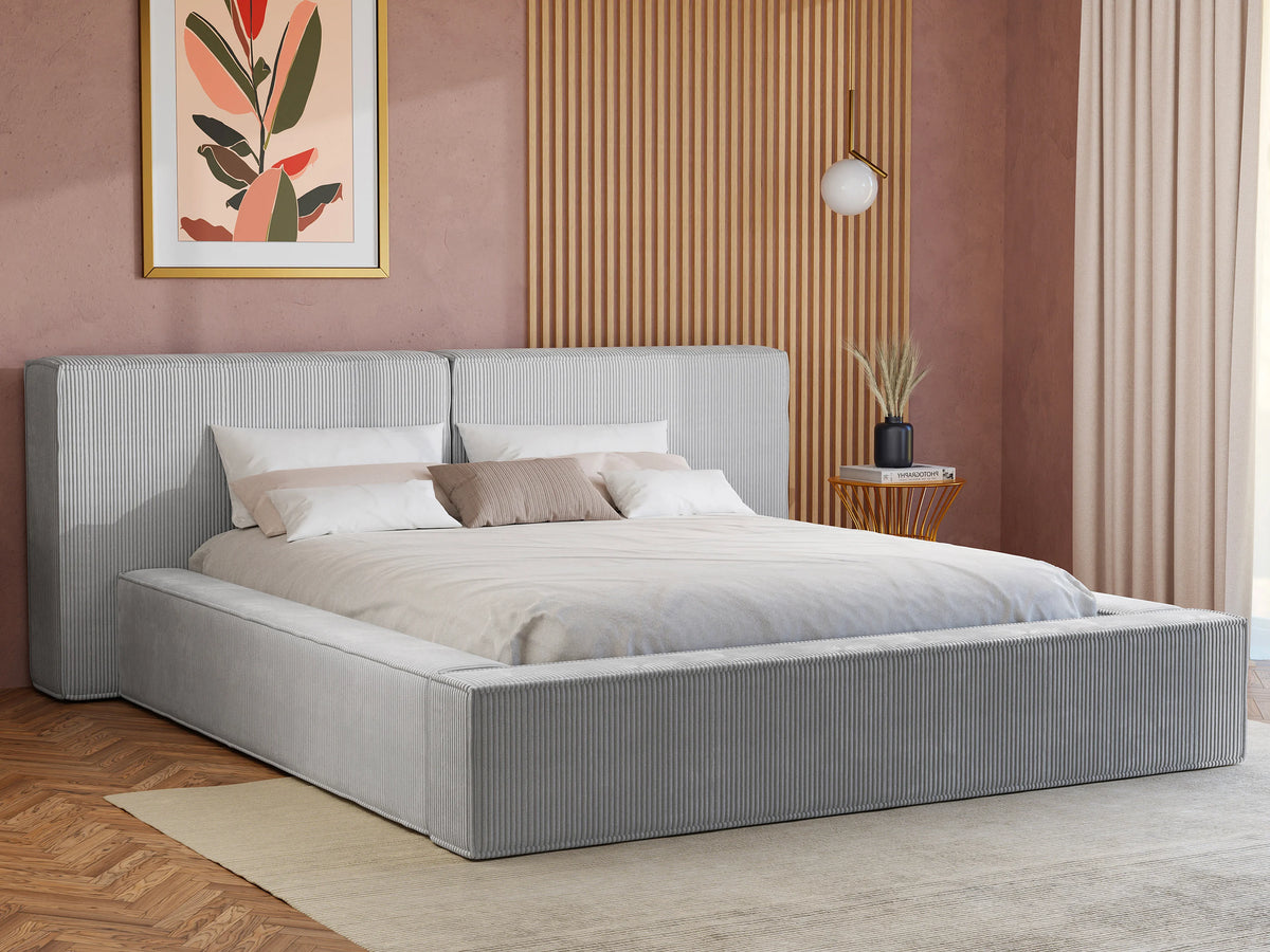 Lit Coffre 180x200 Velours Côtelé Gris clair avec Matelas - TIMANO — vue 2