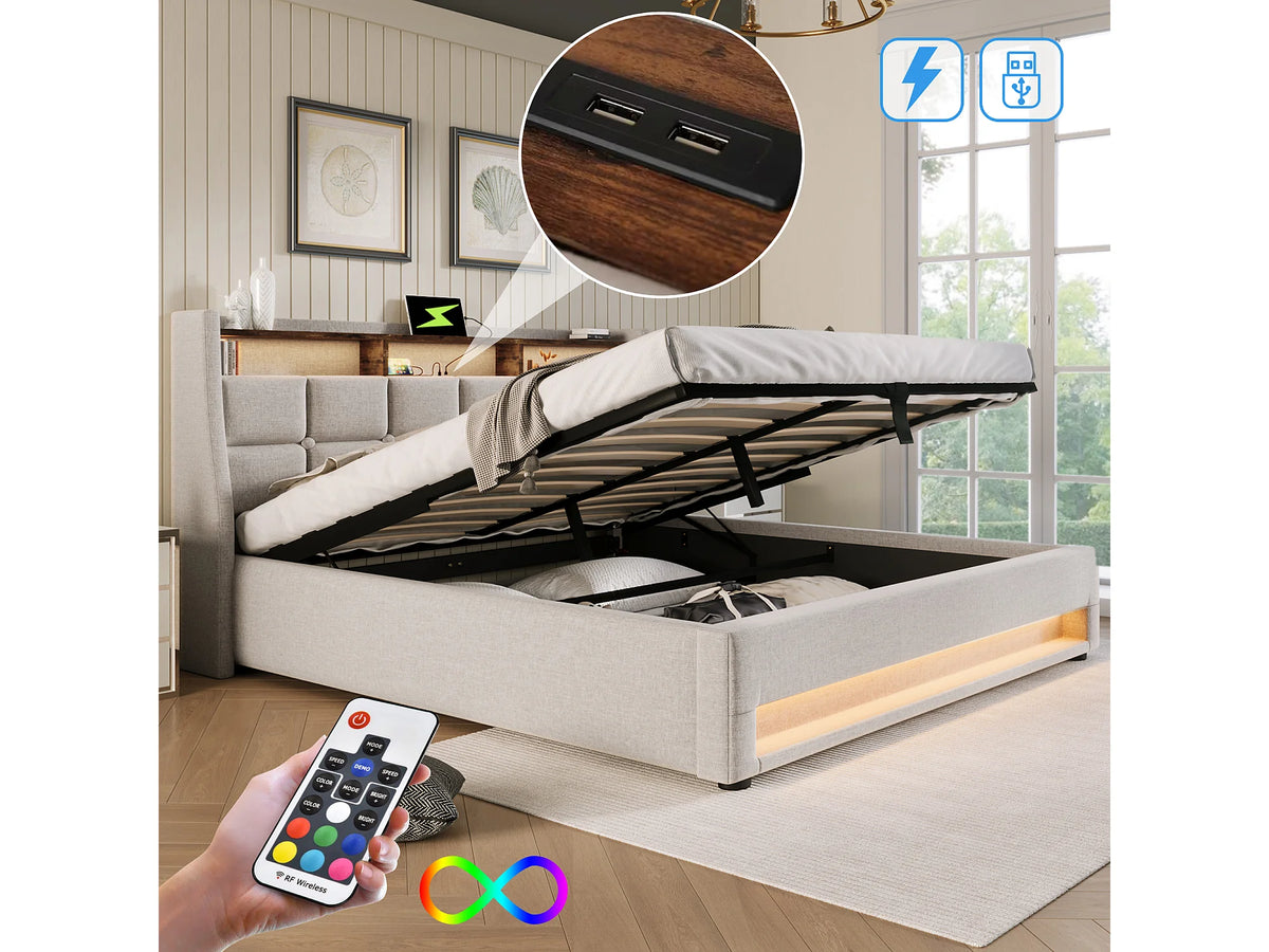 Lit Coffre 160x200 Tissu Lin Beige avec LED et Port USB — vue 2