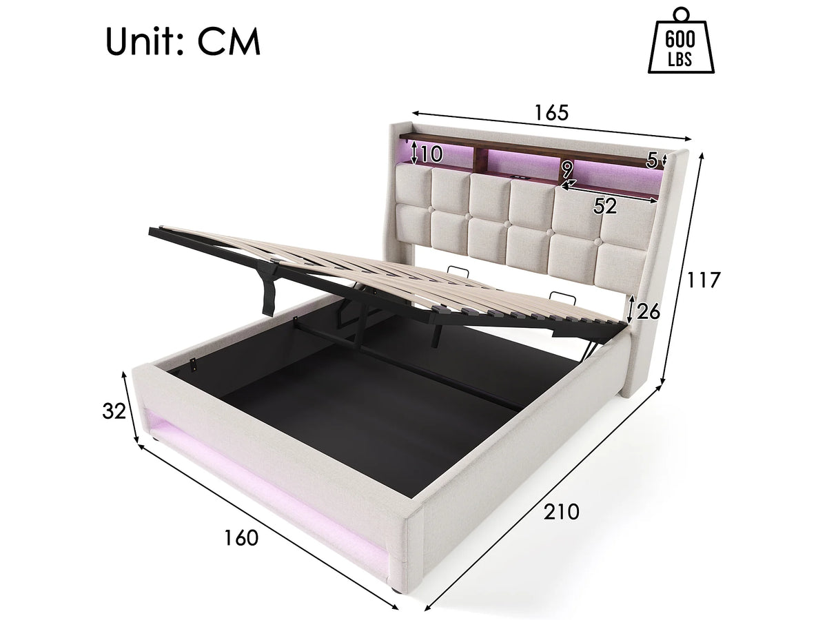 Lit Coffre 160x200 Tissu Lin Beige avec LED et Port USB — vue 8