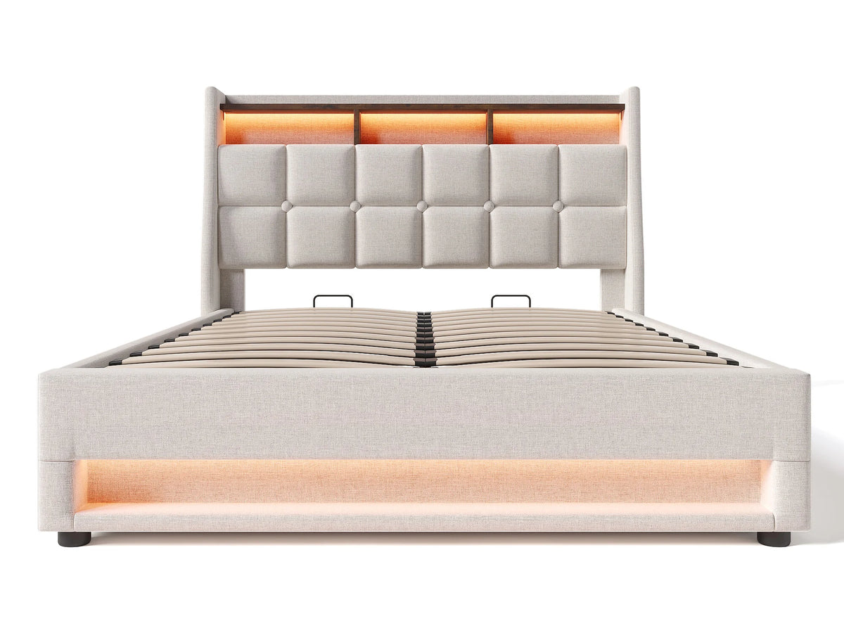 Lit Coffre 160x200 Tissu Lin Beige avec LED et Port USB — vue 5