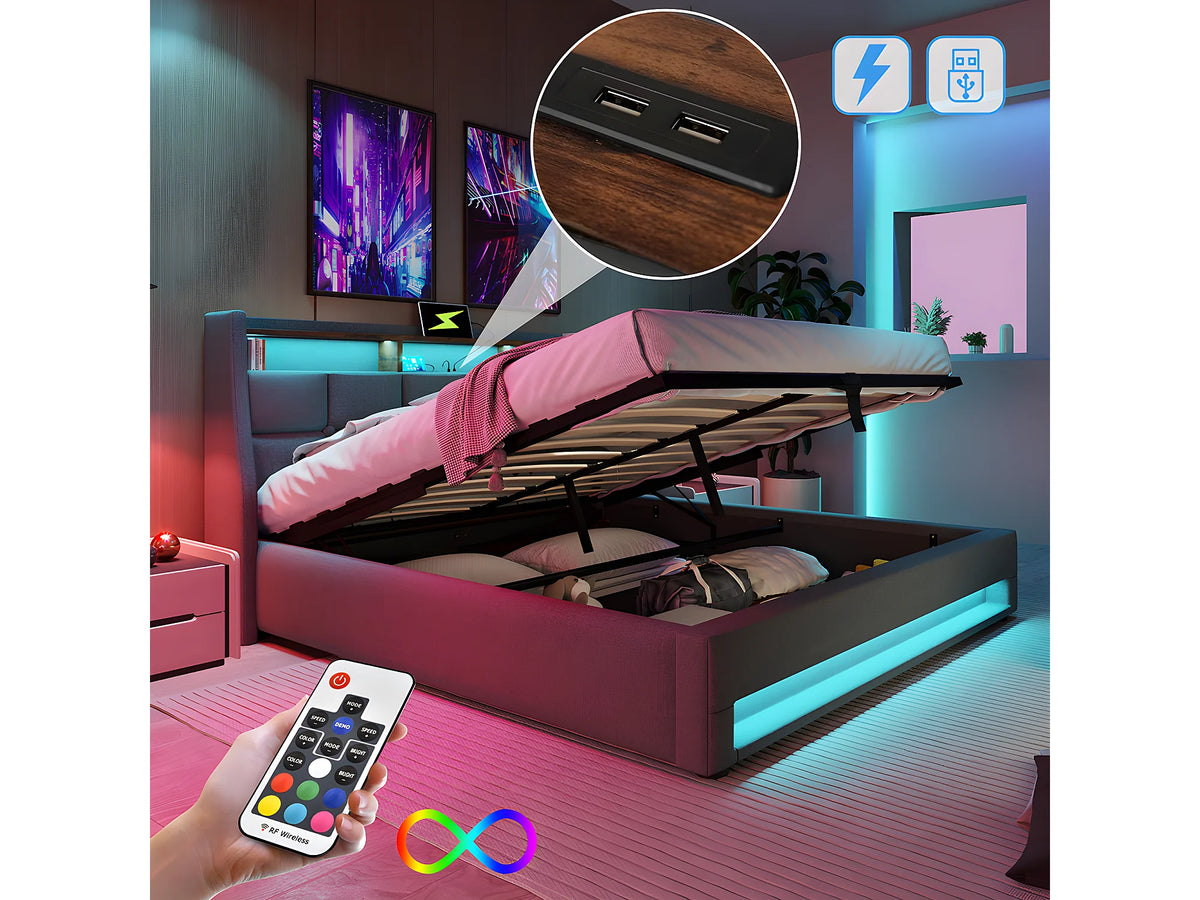 Lit Coffre 140x200 Bois Gris avec LED et Port USB — vue 3