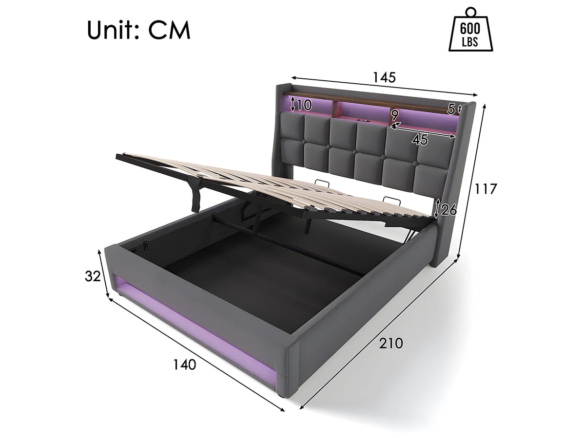 Lit Coffre 140x200 Bois Gris avec LED et Port USB — vue 7