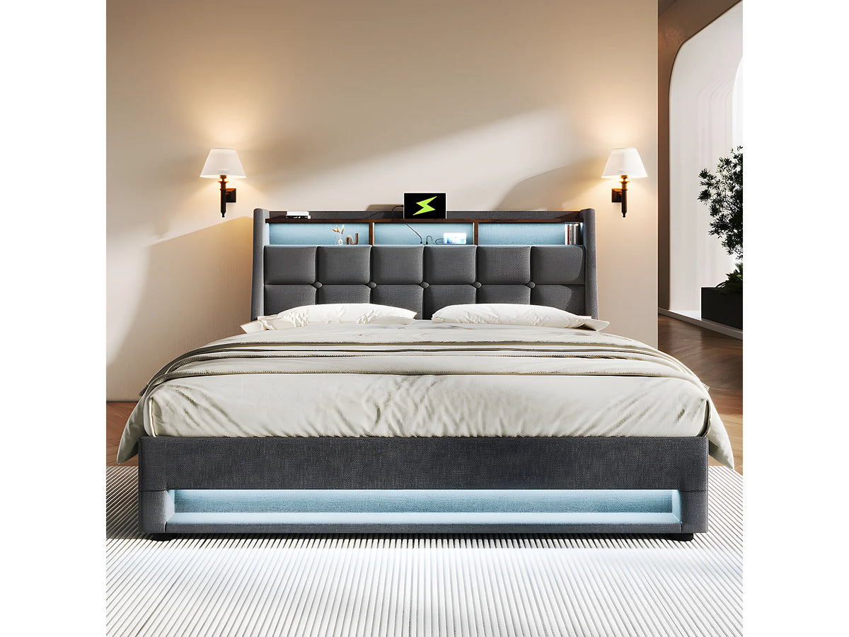 Lit Coffre 140x200 Bois Gris avec LED et Port USB — vue 10