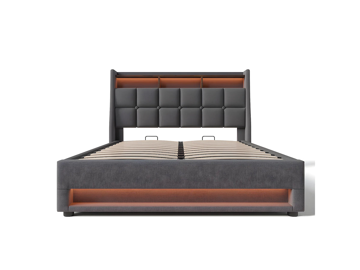 Lit Coffre 140x200 Bois Gris avec LED et Port USB — vue 6