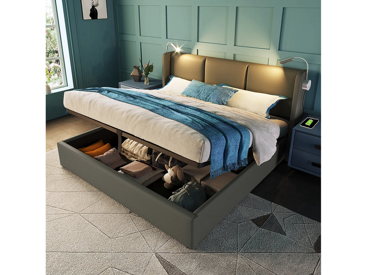 Lit Coffre 160x200 Bois Gris avec Tiroirs et Port USB