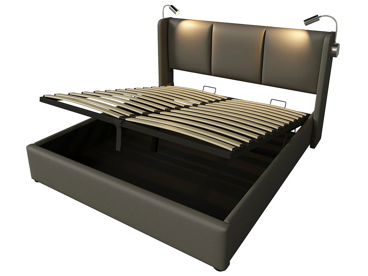 Lit Coffre 160x200 Bois Gris avec Tiroirs et Port USB — vue 3
