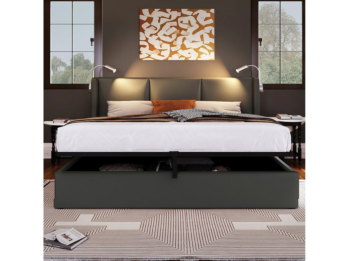 Lit Coffre 160x200 Bois Gris avec Tiroirs et Port USB — vue 2