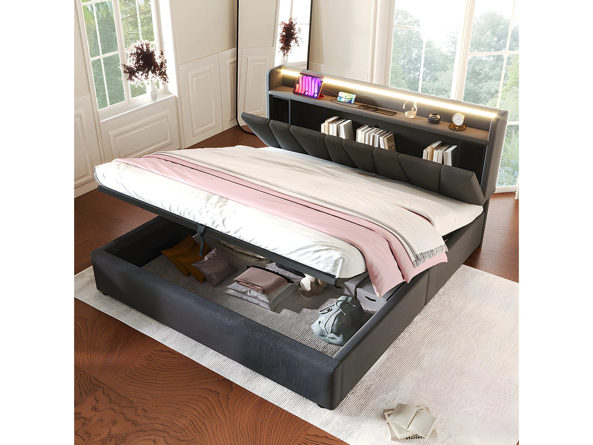 Lit Coffre 160x200 Bois Gris Capitonné avec Chevets, LED et Port USB