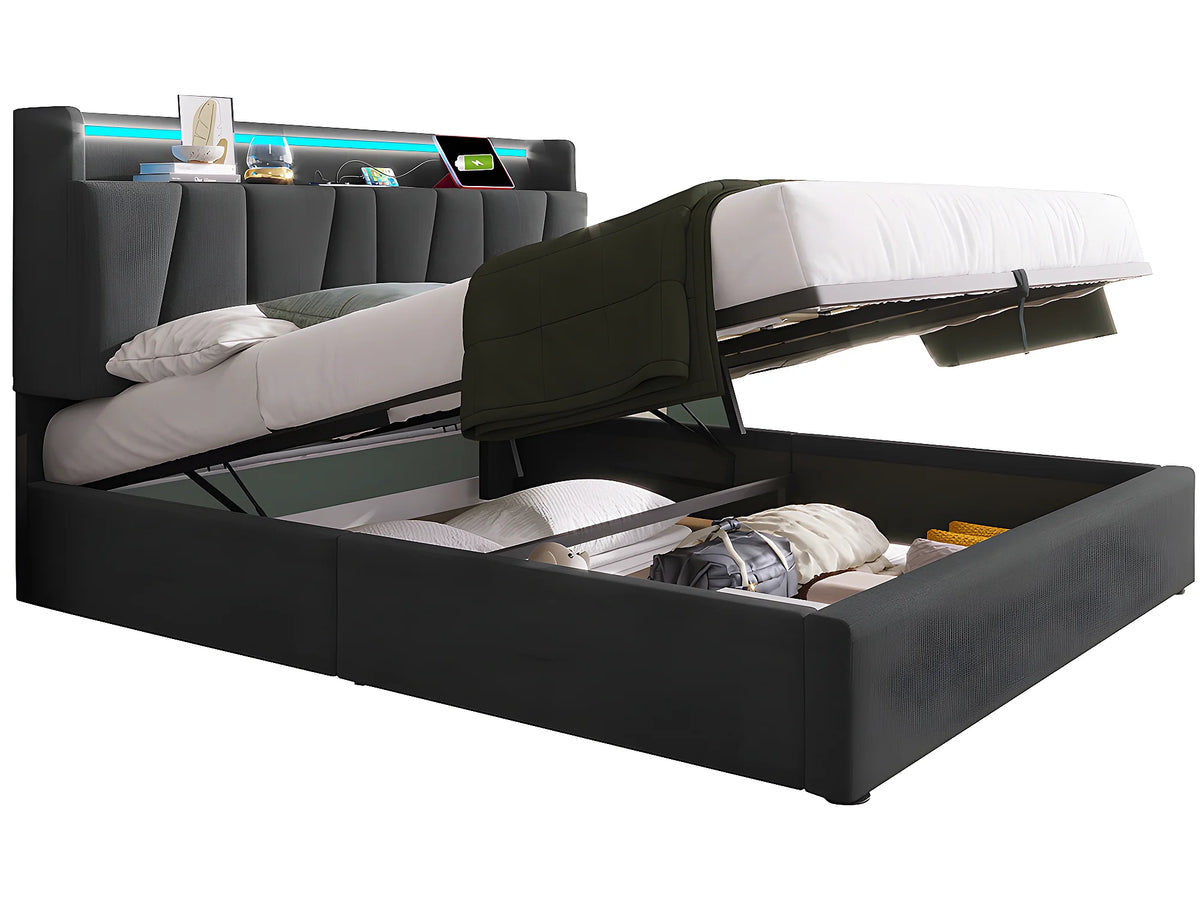Lit Coffre 160x200 Bois Gris Capitonné avec Chevets, LED et Port USB — vue 9