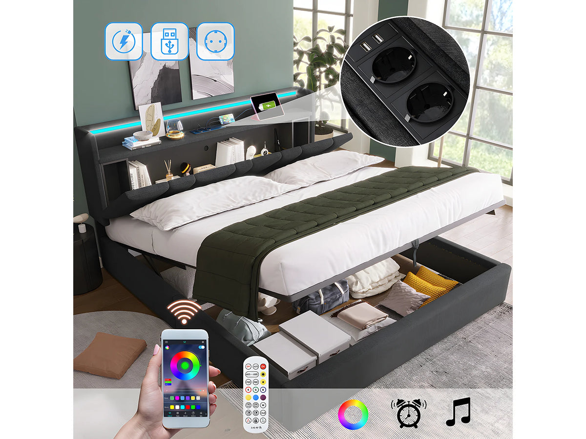 Lit Coffre 160x200 Bois Gris Capitonné avec Chevets, LED et Port USB — vue 2
