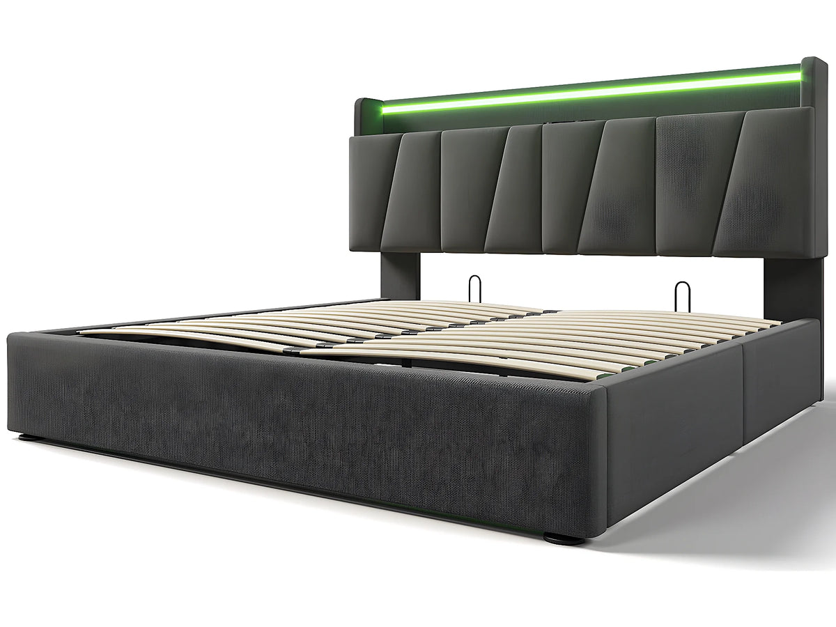 Lit Coffre 160x200 Bois Gris Capitonné avec Chevets, LED et Port USB — vue 5
