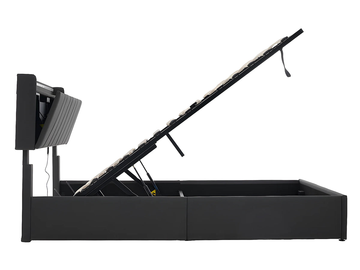 Lit Coffre 160x200 Bois Gris Capitonné avec Chevets, LED et Port USB — vue 8