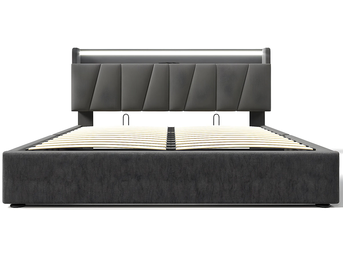 Lit Coffre 160x200 Bois Gris Capitonné avec Chevets, LED et Port USB — vue 7