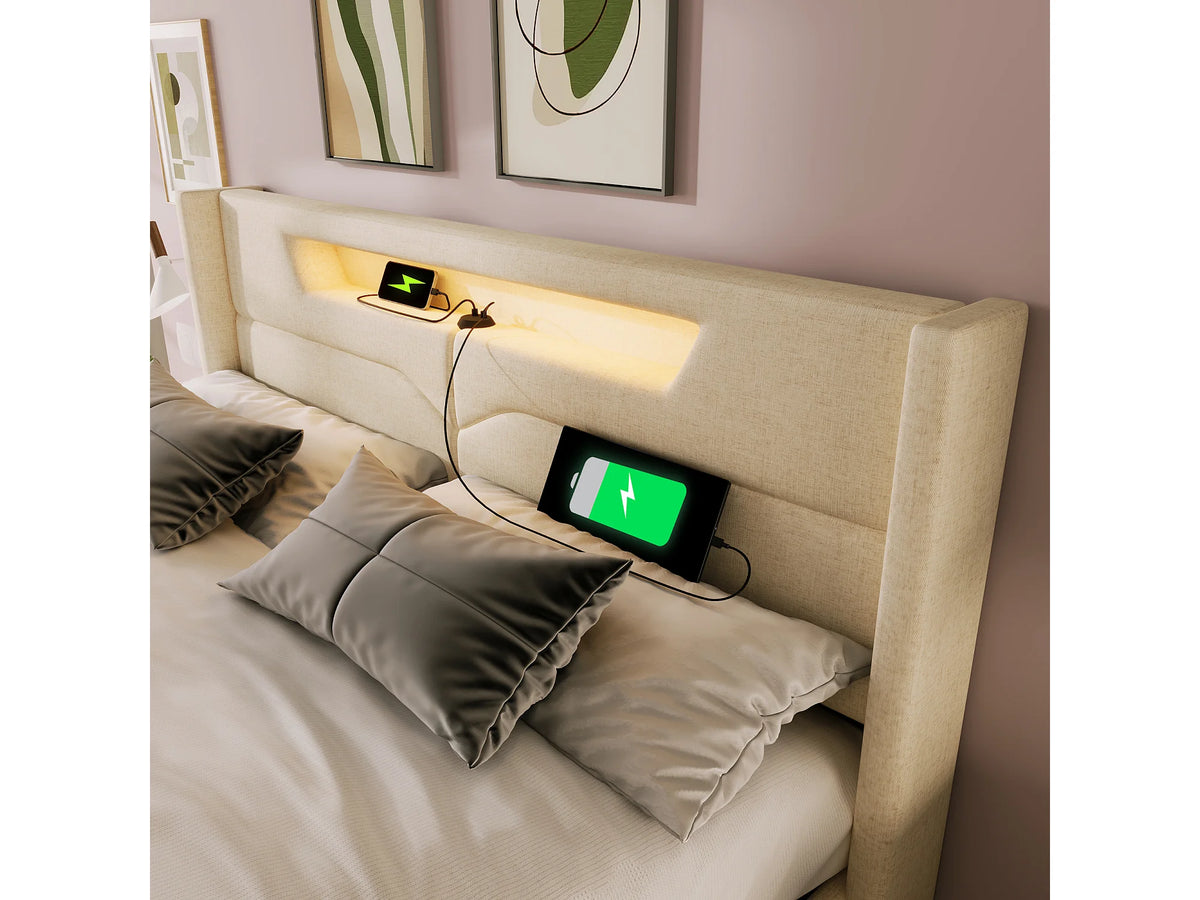 Lit Coffre 140x200 Tissu Lin Beige avec LED et Port USB — vue 6