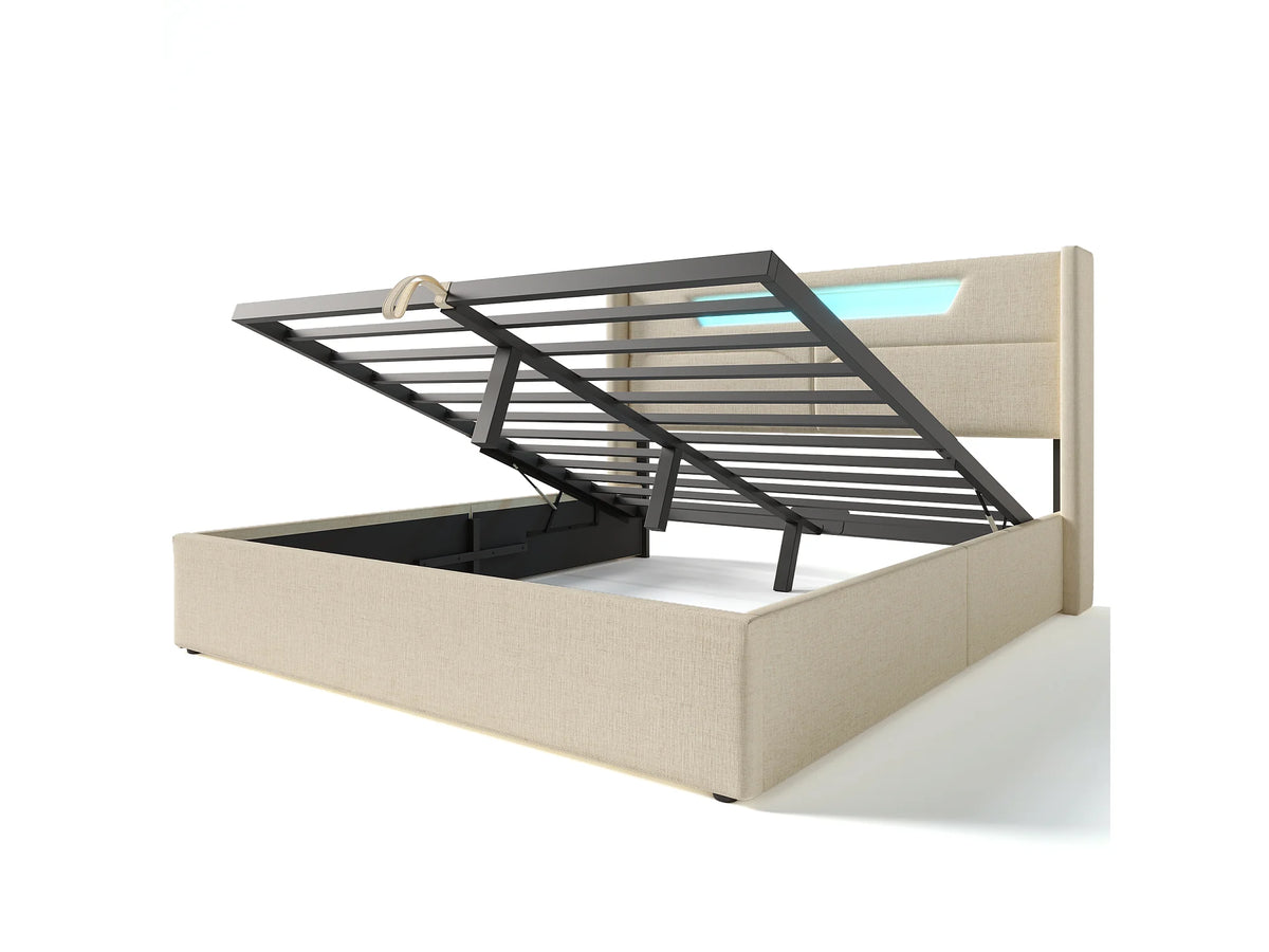Lit Coffre 140x200 Tissu Lin Beige avec LED et Port USB — vue 8