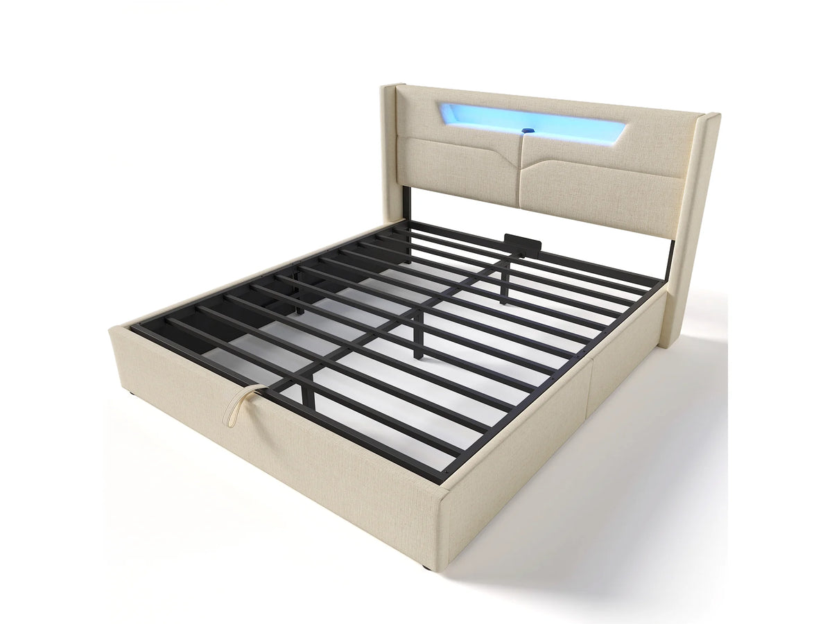 Lit Coffre 140x200 Tissu Lin Beige avec LED et Port USB — vue 9