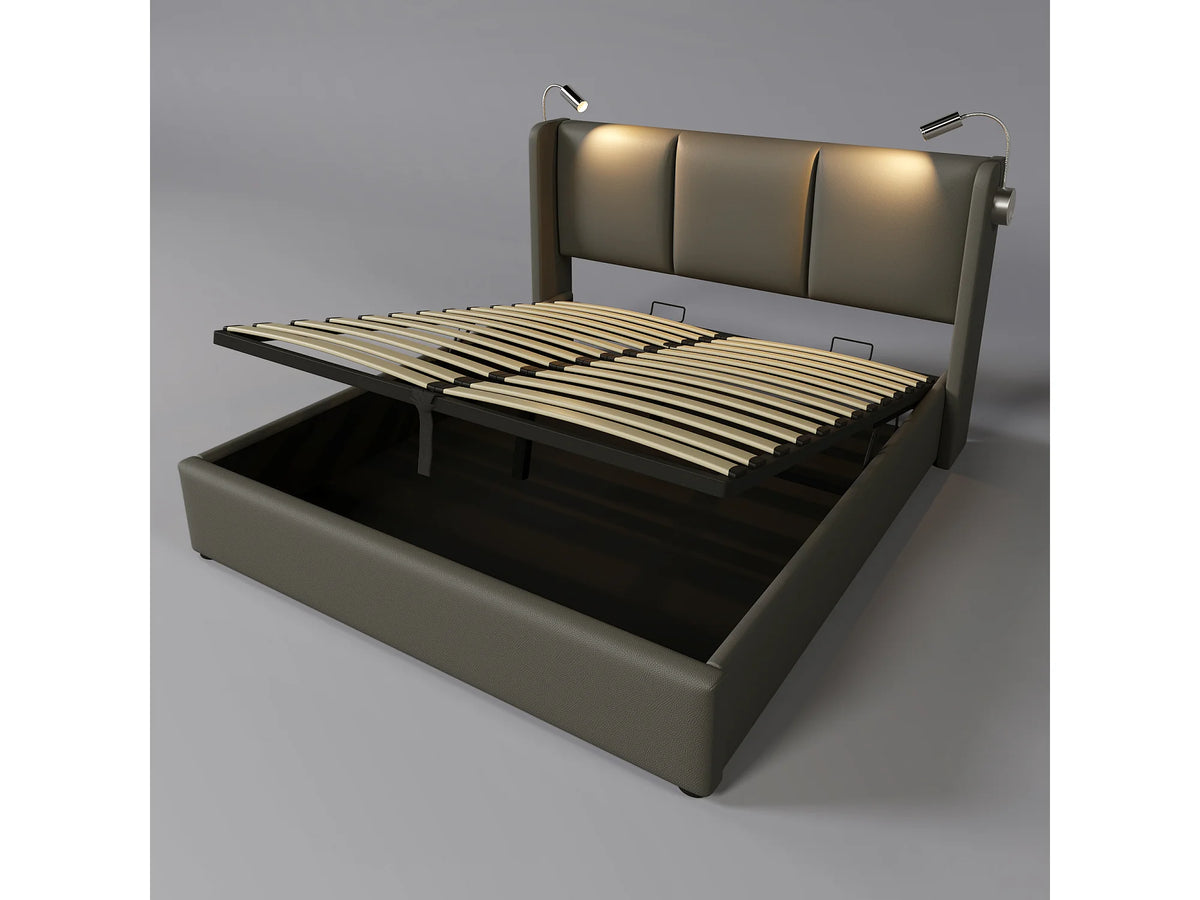 Lit Coffre 140x200 Bois Gris avec Tiroirs et Port USB — vue 3