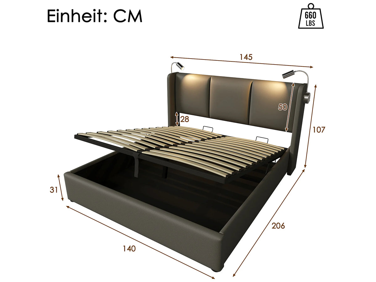 Lit Coffre 140x200 Bois Gris avec Tiroirs et Port USB — vue 9