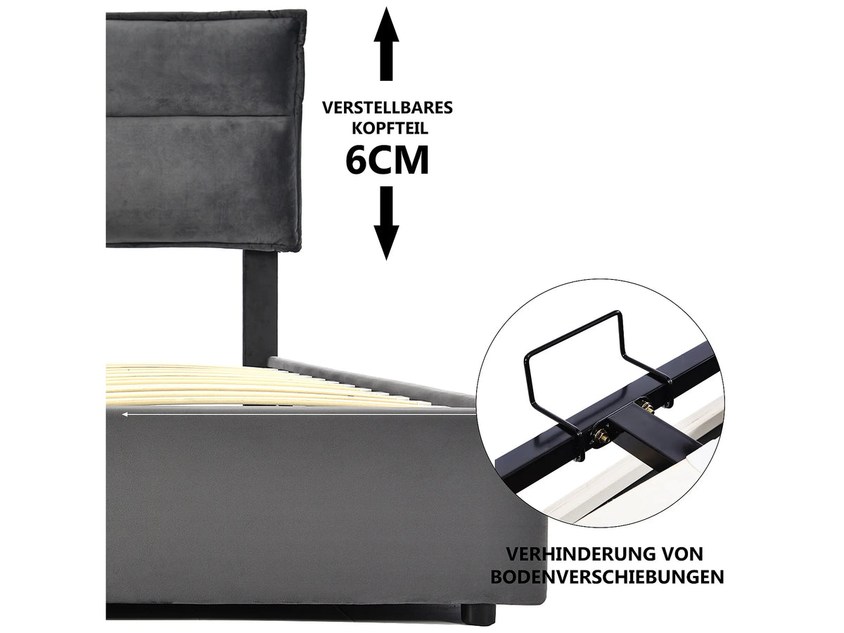Lit Coffre 140x200 Velours Gris avec Matelas — vue 7