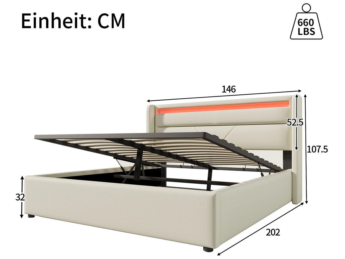 Lit Coffre 140x200 Simili Cuir Blanc avec Matelas et LED — vue 7