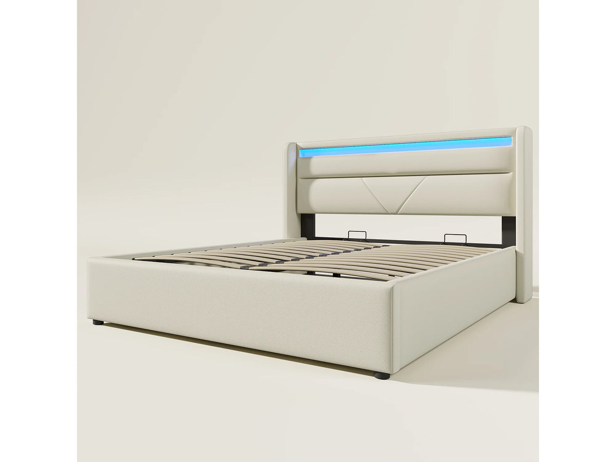 Lit Coffre 140x200 Simili Cuir Blanc avec Matelas et LED — vue 4