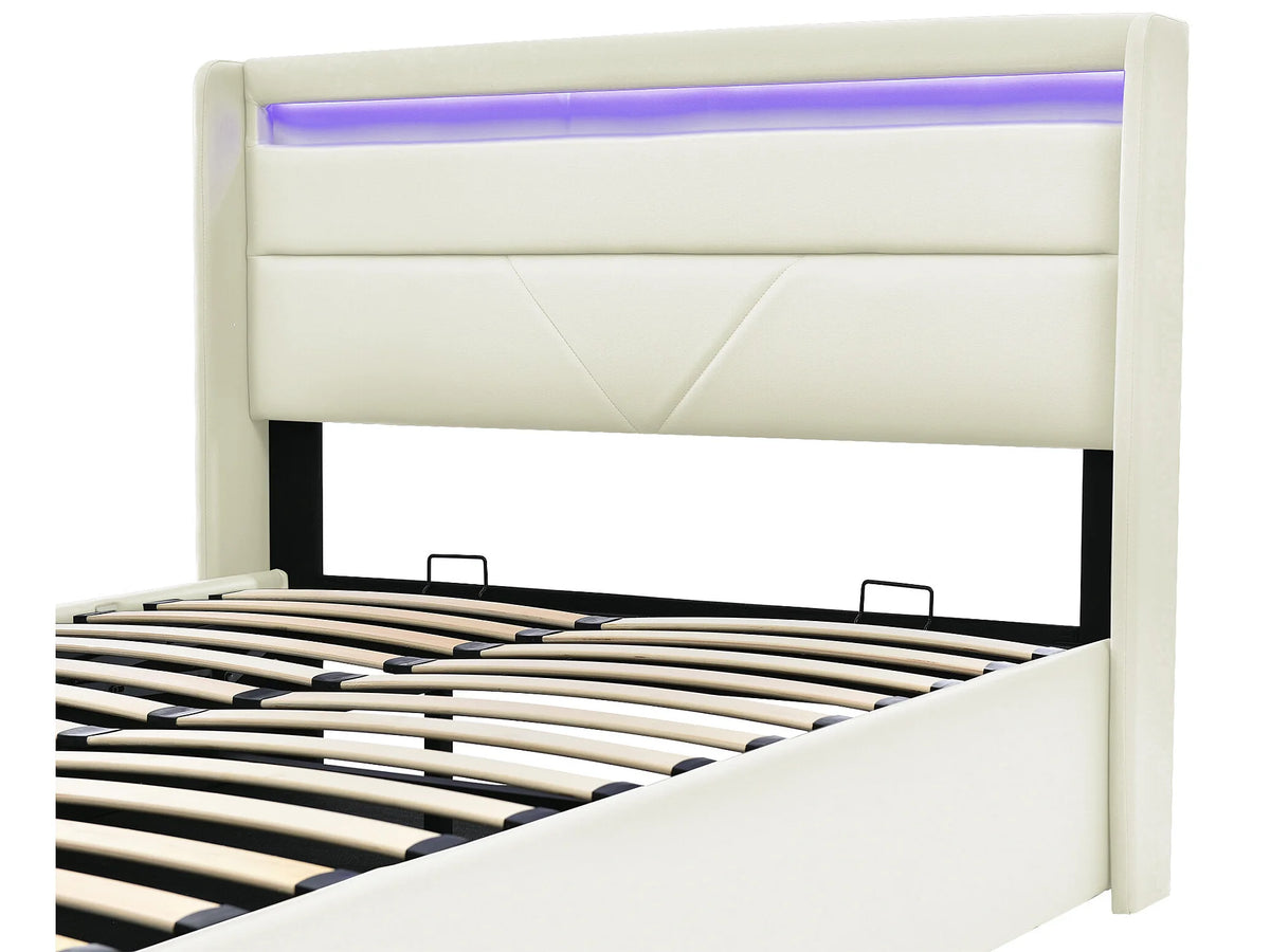 Lit Coffre 140x200 Simili Cuir Blanc avec Matelas et LED — vue 9