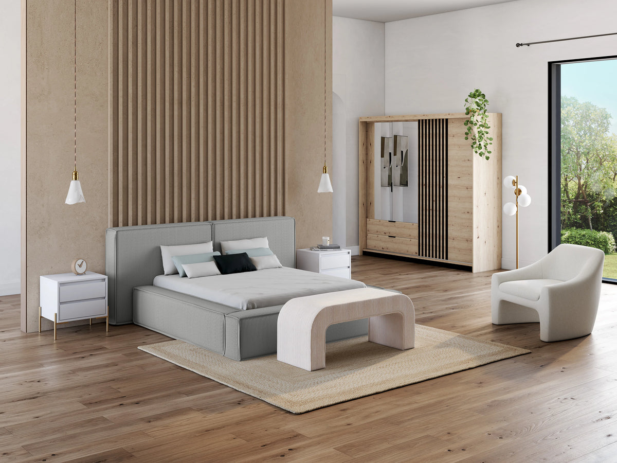 Lit Coffre 180x200 Velours Côtelé Gris clair avec Matelas - TIMANO — vue 14