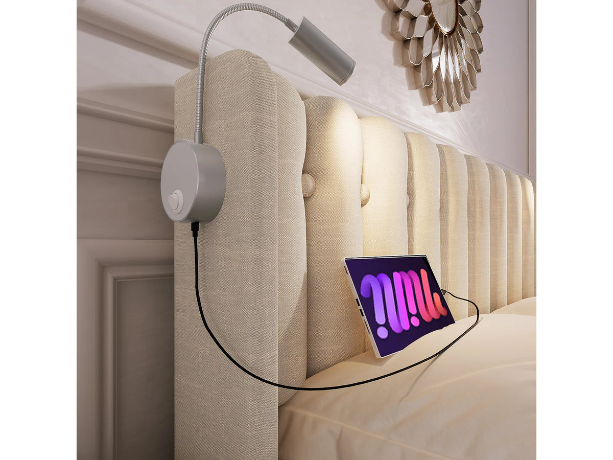 Lit Coffre 90x200 Tissu Lin Naturel clair avec Port USB — vue 3