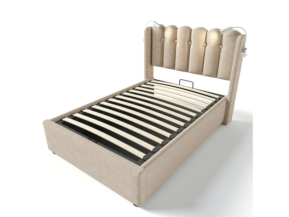 Lit Coffre 90x200 Tissu Lin Naturel clair avec Port USB — vue 9
