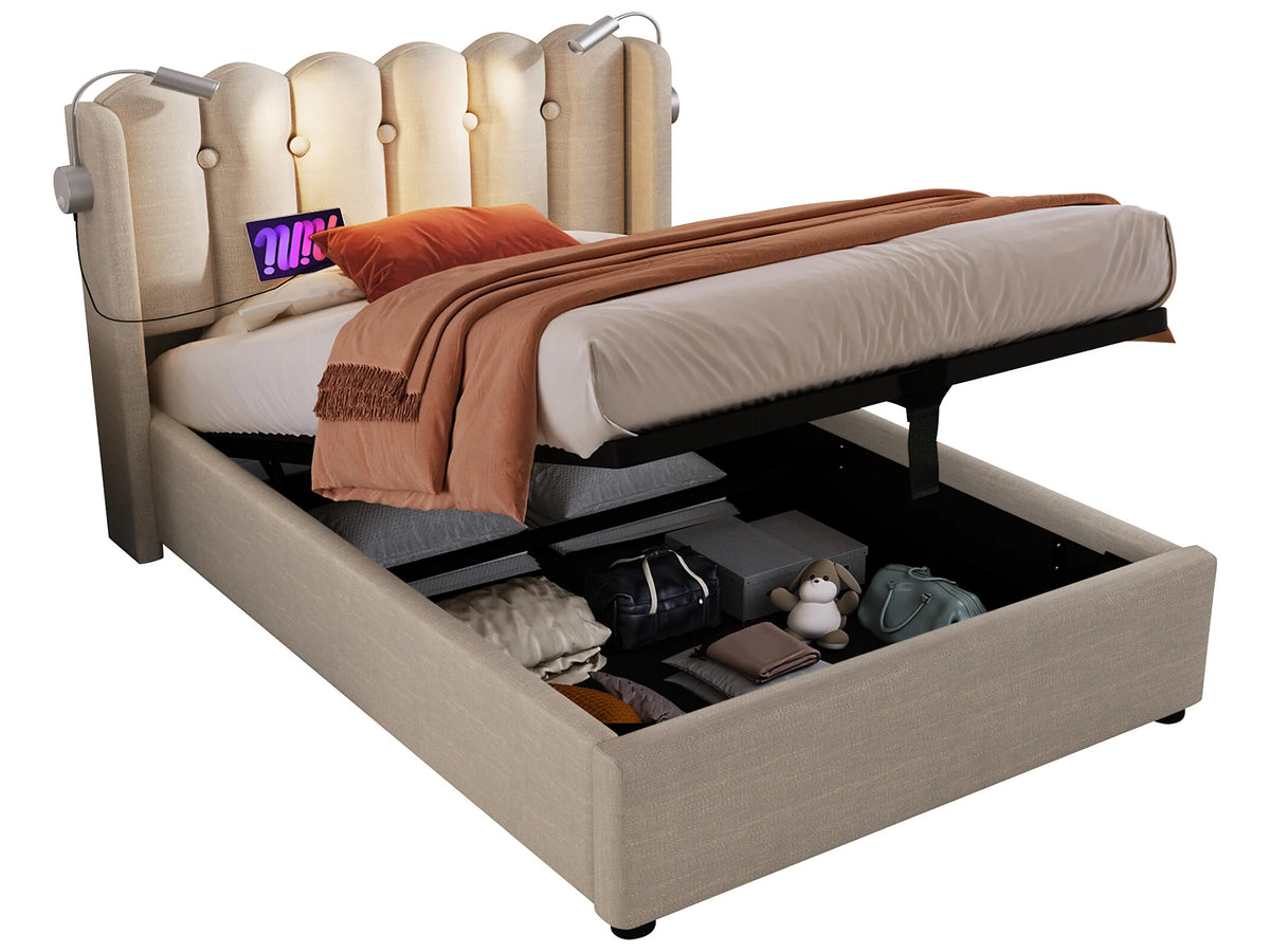 Lit Coffre 90x200 Tissu Lin Naturel clair avec Port USB — vue 6