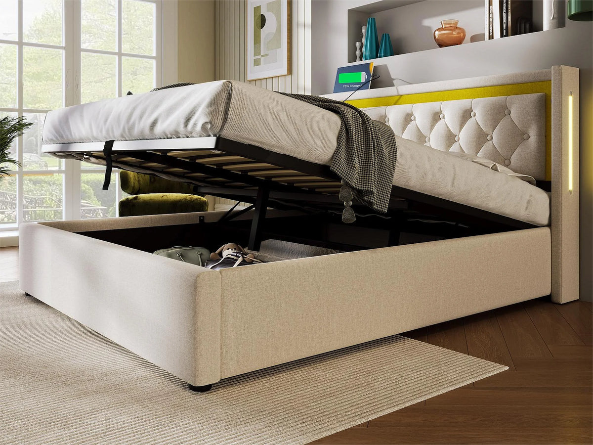 Lit Coffre 140x200 Métal Beige avec LED et Port USB — vue 2