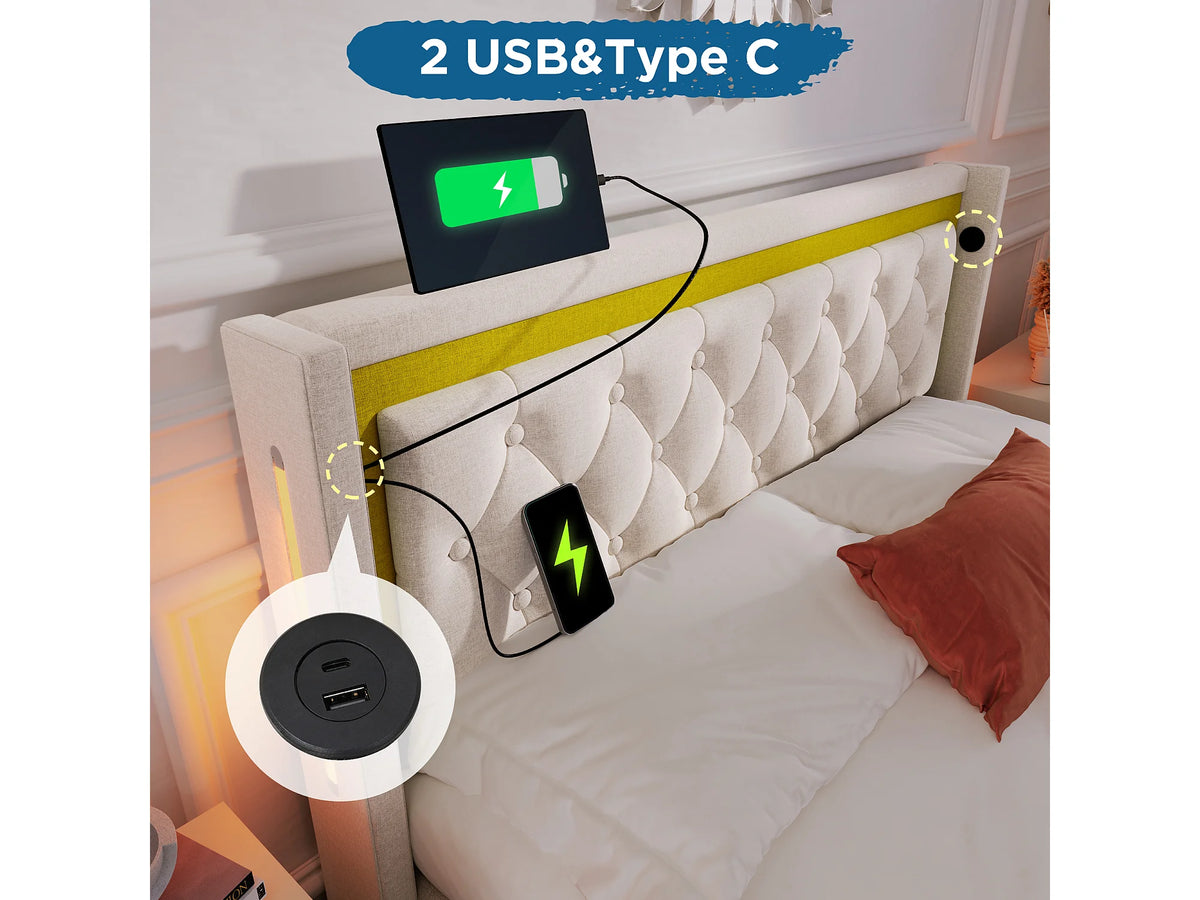 Lit Coffre 140x200 Métal Beige avec LED et Port USB — vue 8