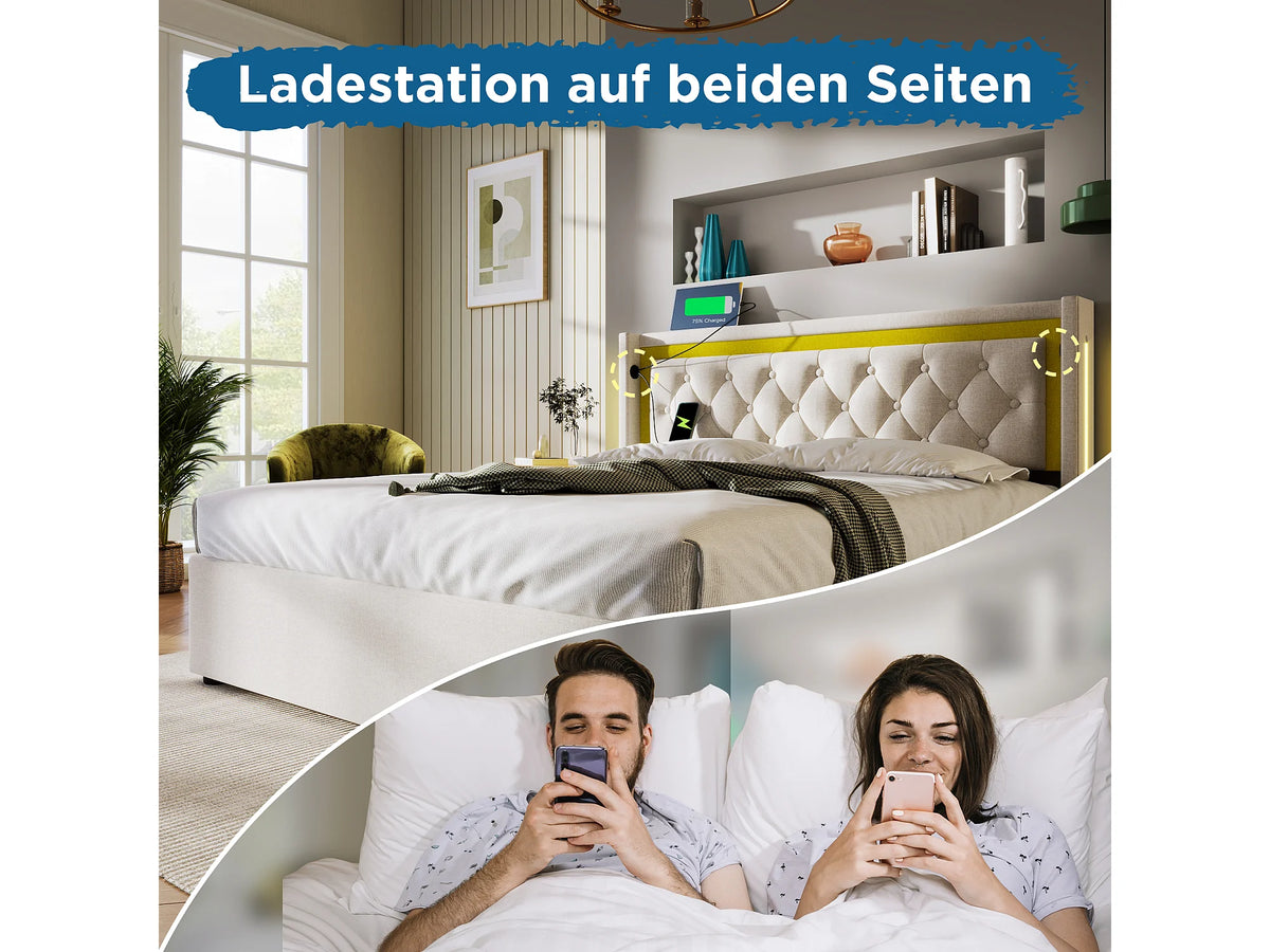 Lit Coffre 140x200 Métal Beige avec LED et Port USB — vue 4