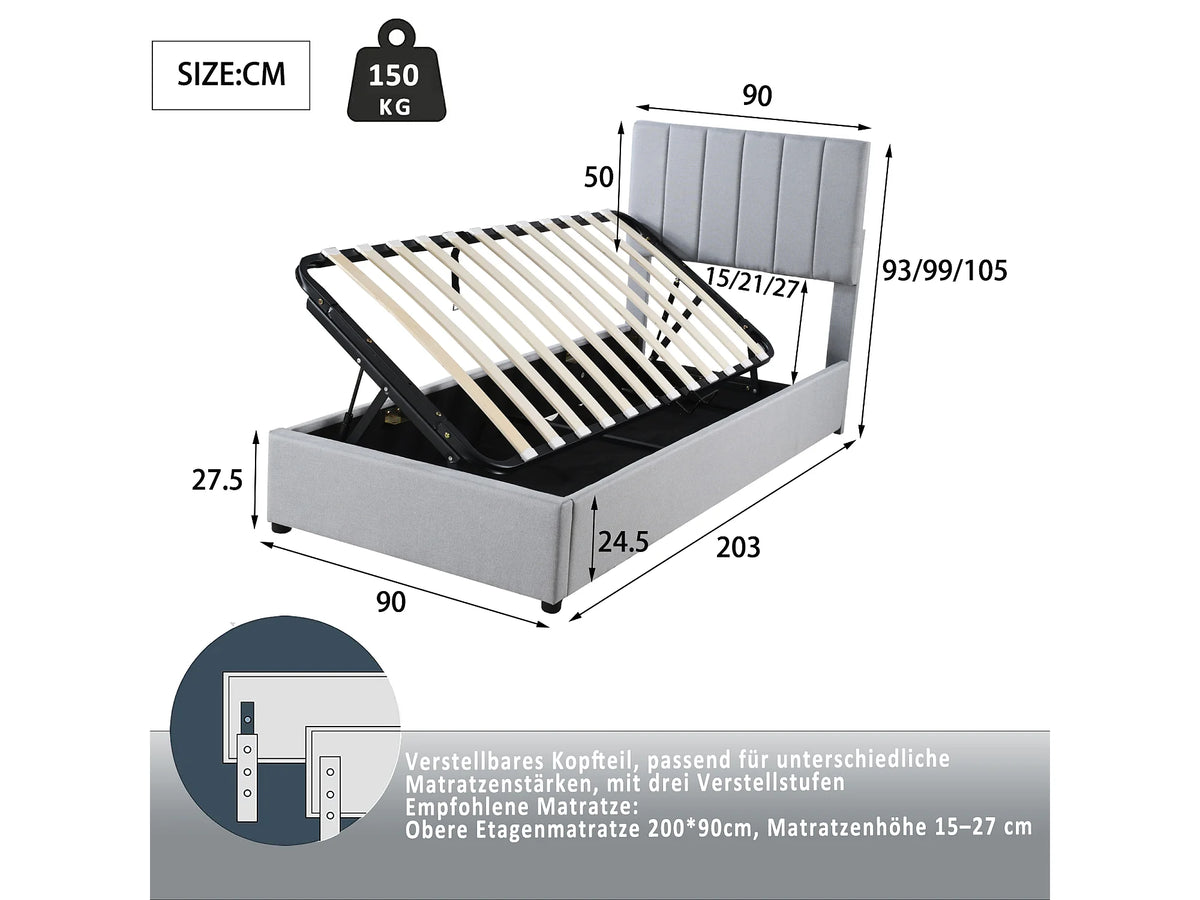 Lit Coffre 90x200 Tissu Lin Gris — vue 6