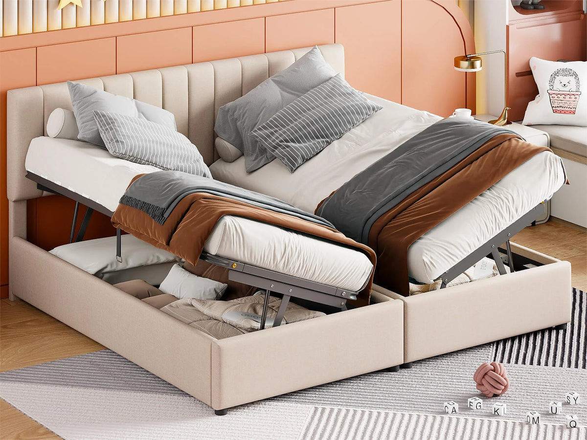 Lit Coffre 90x200 Tissu Lin Beige