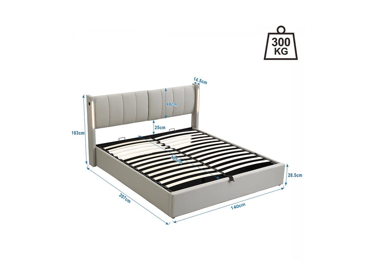 Lit Coffre 140x200 Simili Cuir Gris avec LED et Port USB — vue 6
