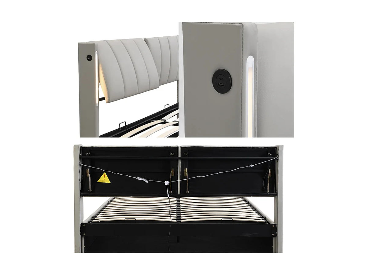 Lit Coffre 140x200 Simili Cuir Gris avec LED et Port USB — vue 7