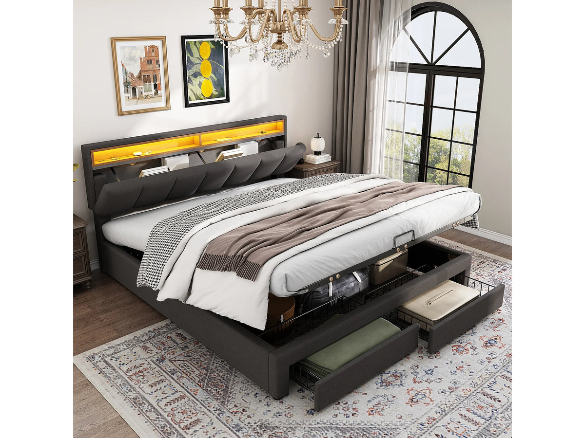 Lit Coffre 160x200 Tissu Lin Gris avec LED et Tiroirs