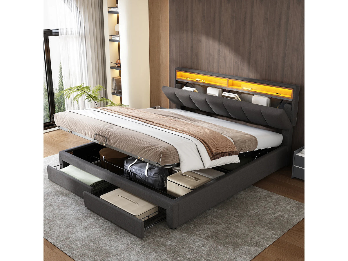 Lit Coffre 160x200 Tissu Lin Gris avec LED et Tiroirs — vue 4