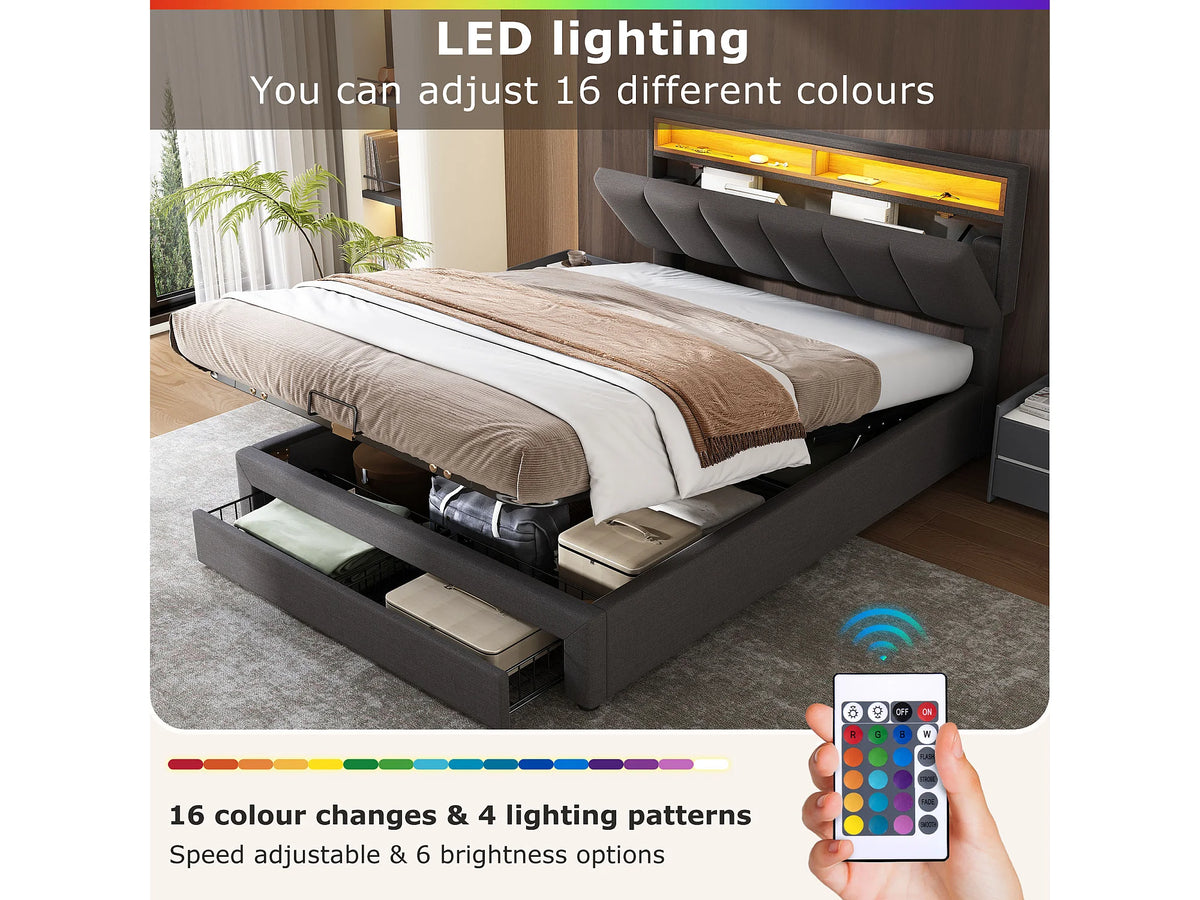 Lit Coffre 160x200 Tissu Lin Gris avec LED et Tiroirs — vue 9
