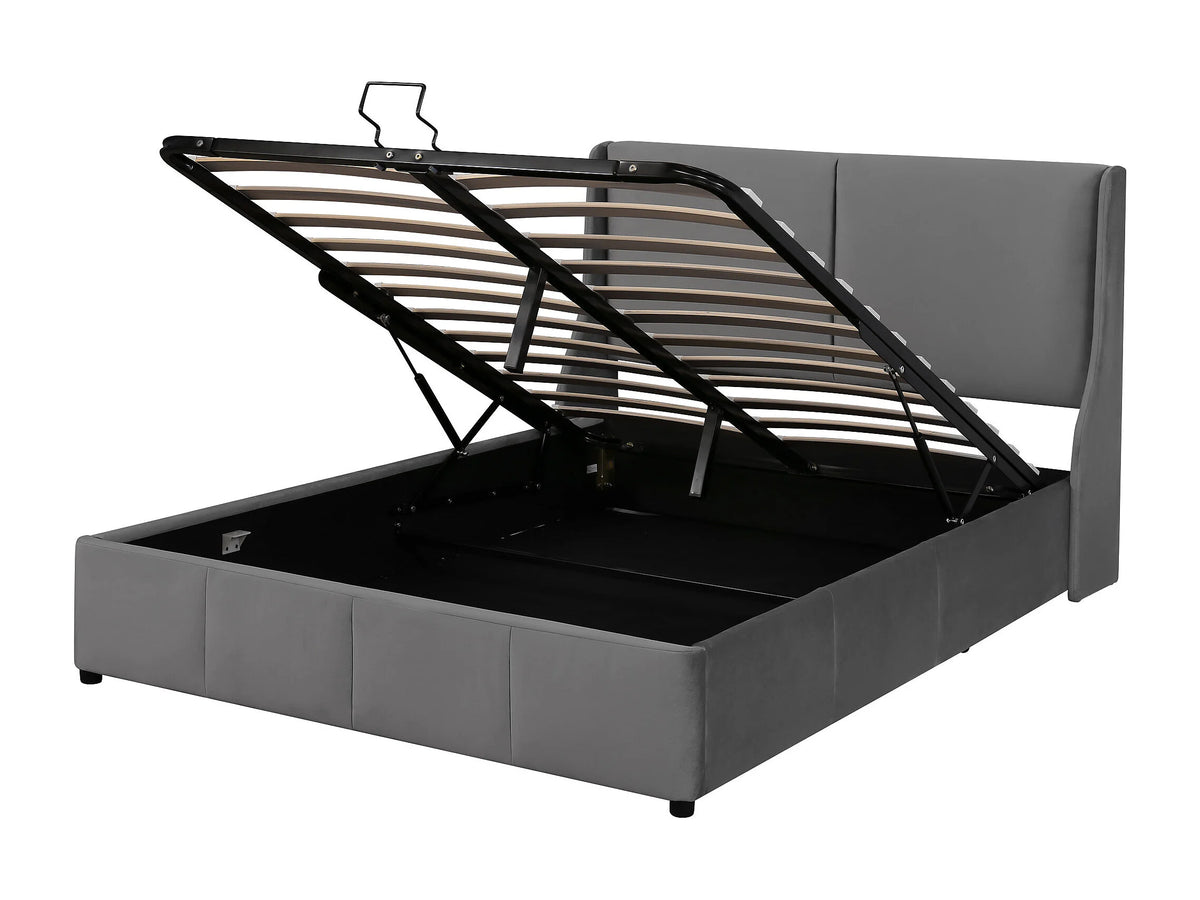 Lit Coffre 140x190 Velours Gris avec Chevets — vue 3