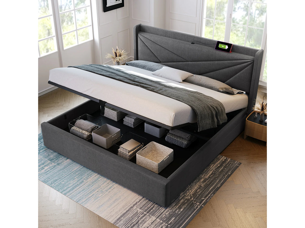 Lit Coffre 180x200 Tissu Lin Gris avec Chevets et Port USB