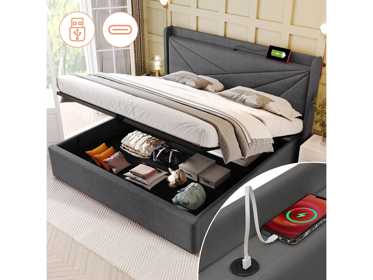 Lit Coffre 180x200 Tissu Lin Gris avec Chevets et Port USB — vue 2