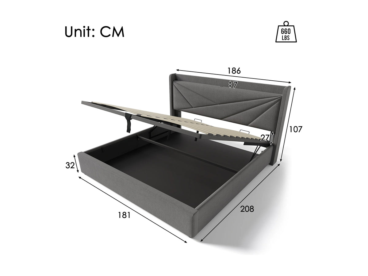 Lit Coffre 180x200 Tissu Lin Gris avec Chevets et Port USB — vue 7