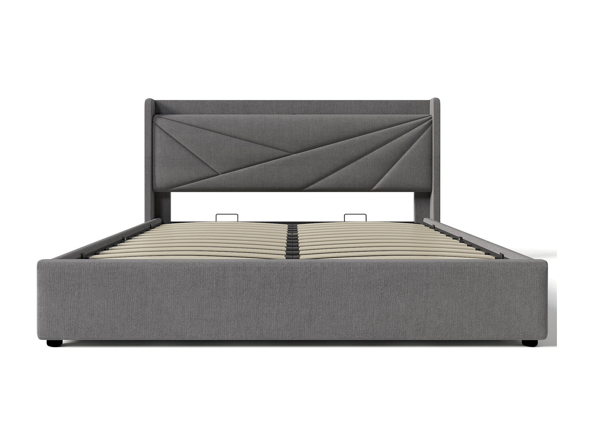 Lit Coffre 180x200 Tissu Lin Gris avec Chevets et Port USB — vue 5