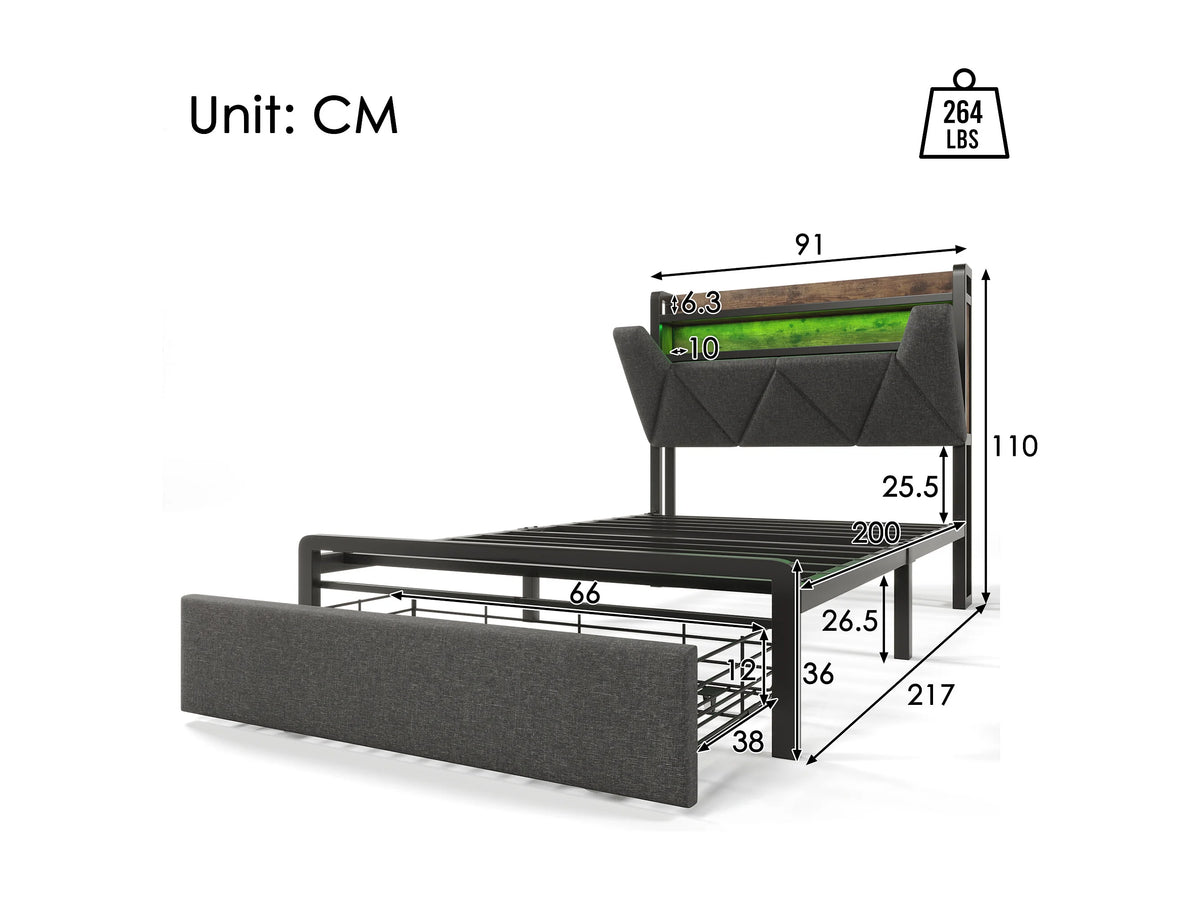 Lit Coffre 90x200 Tissu Lin Gris avec LED, Tiroirs et Port USB — vue 6