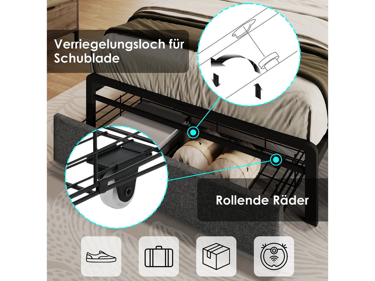Lit Coffre 90x200 Tissu Lin Gris avec LED, Tiroirs et Port USB — vue 7