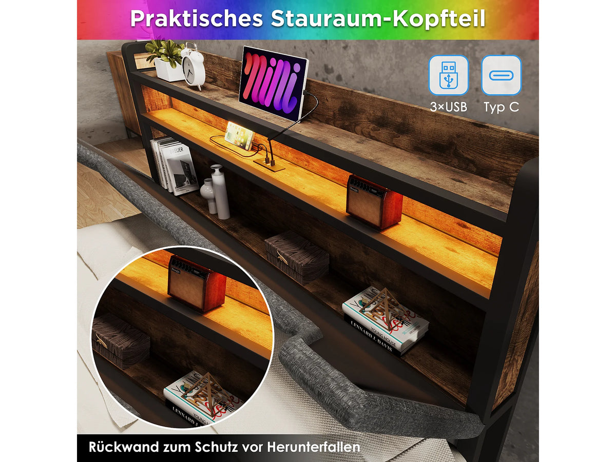 Lit Coffre 90x200 Tissu Lin Gris avec LED, Tiroirs et Port USB — vue 8