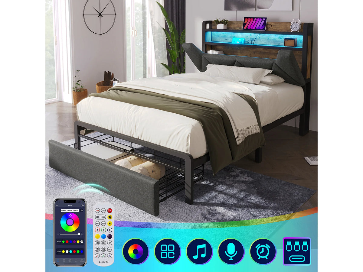 Lit Coffre 90x200 Tissu Lin Gris avec LED, Tiroirs et Port USB — vue 9
