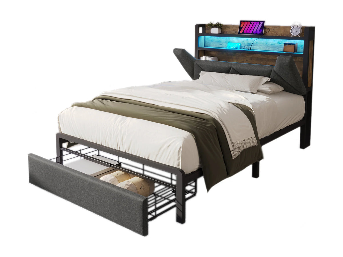 Lit Coffre 90x200 Tissu Lin Gris avec LED, Tiroirs et Port USB — vue 5